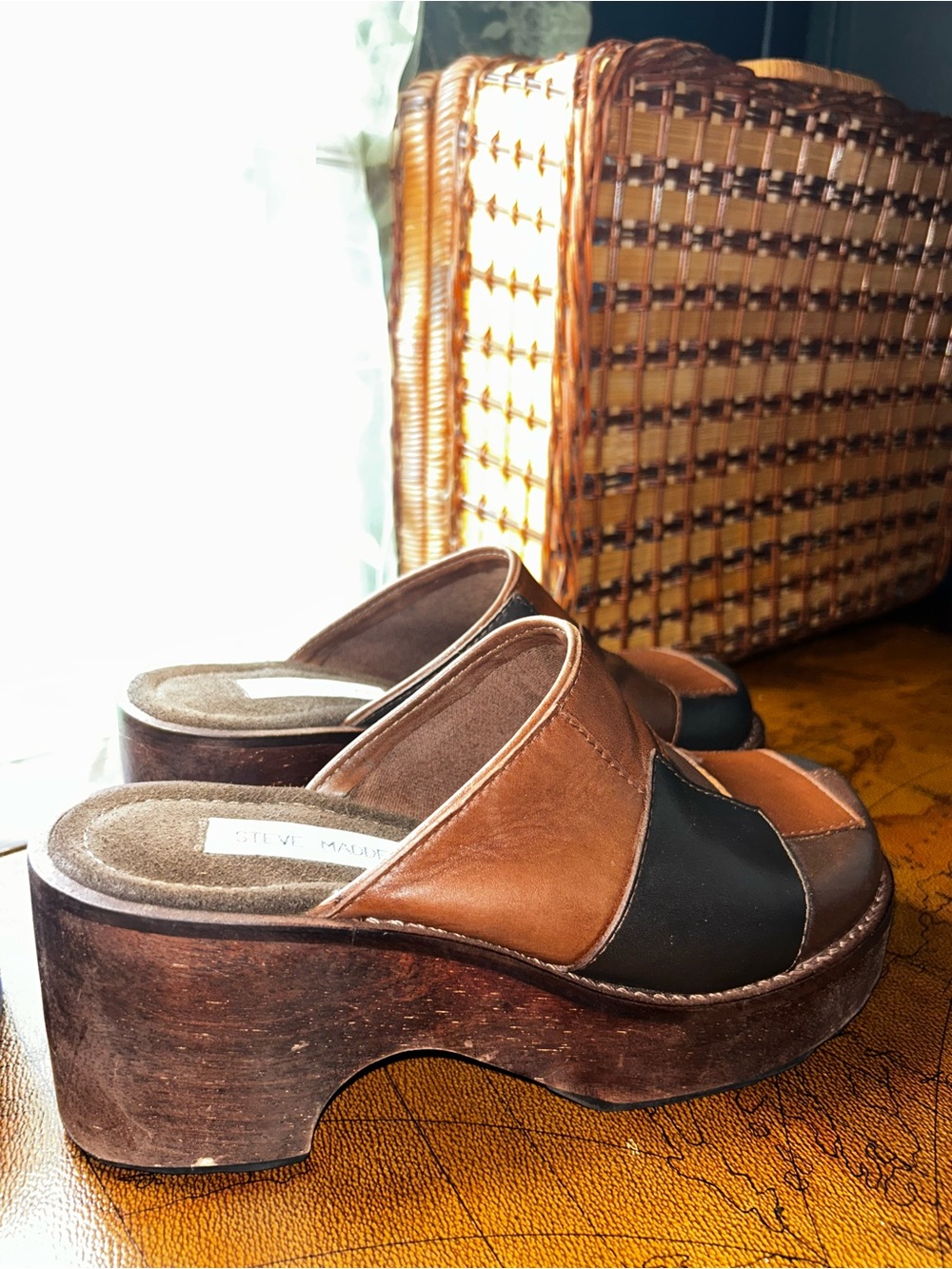 Steve Madden Brown & Black Patchwork Leather Clogs - Picture 10 of 15